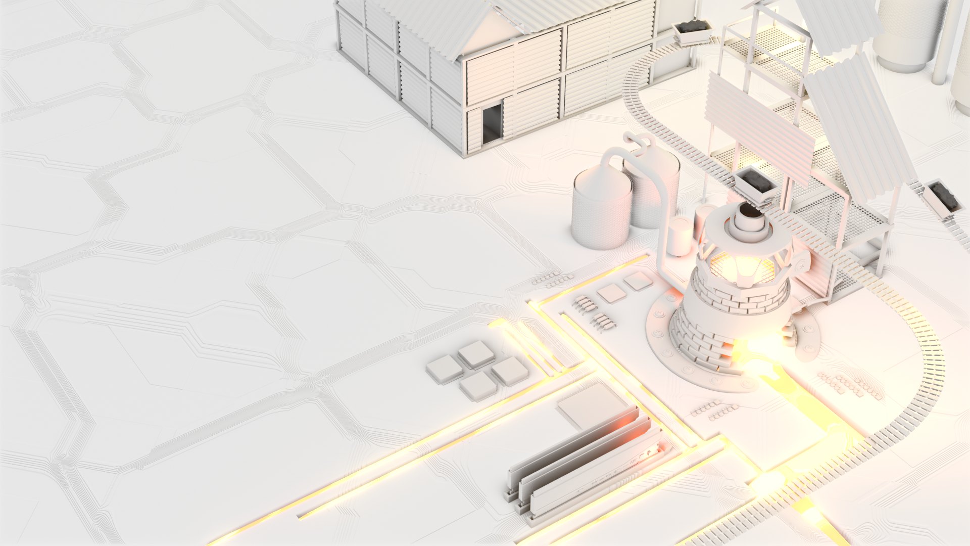 3D render of a steel mill, its furnace glowing over a circuit-board floor