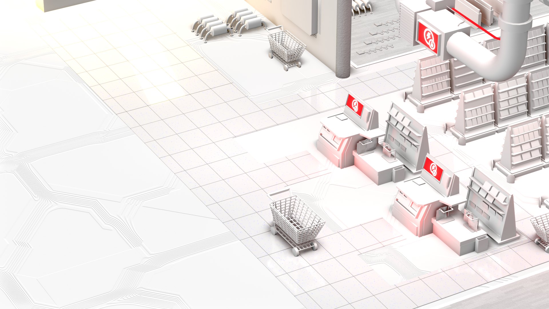 3D render of a retail floor with checkout lanes, shelving and carts