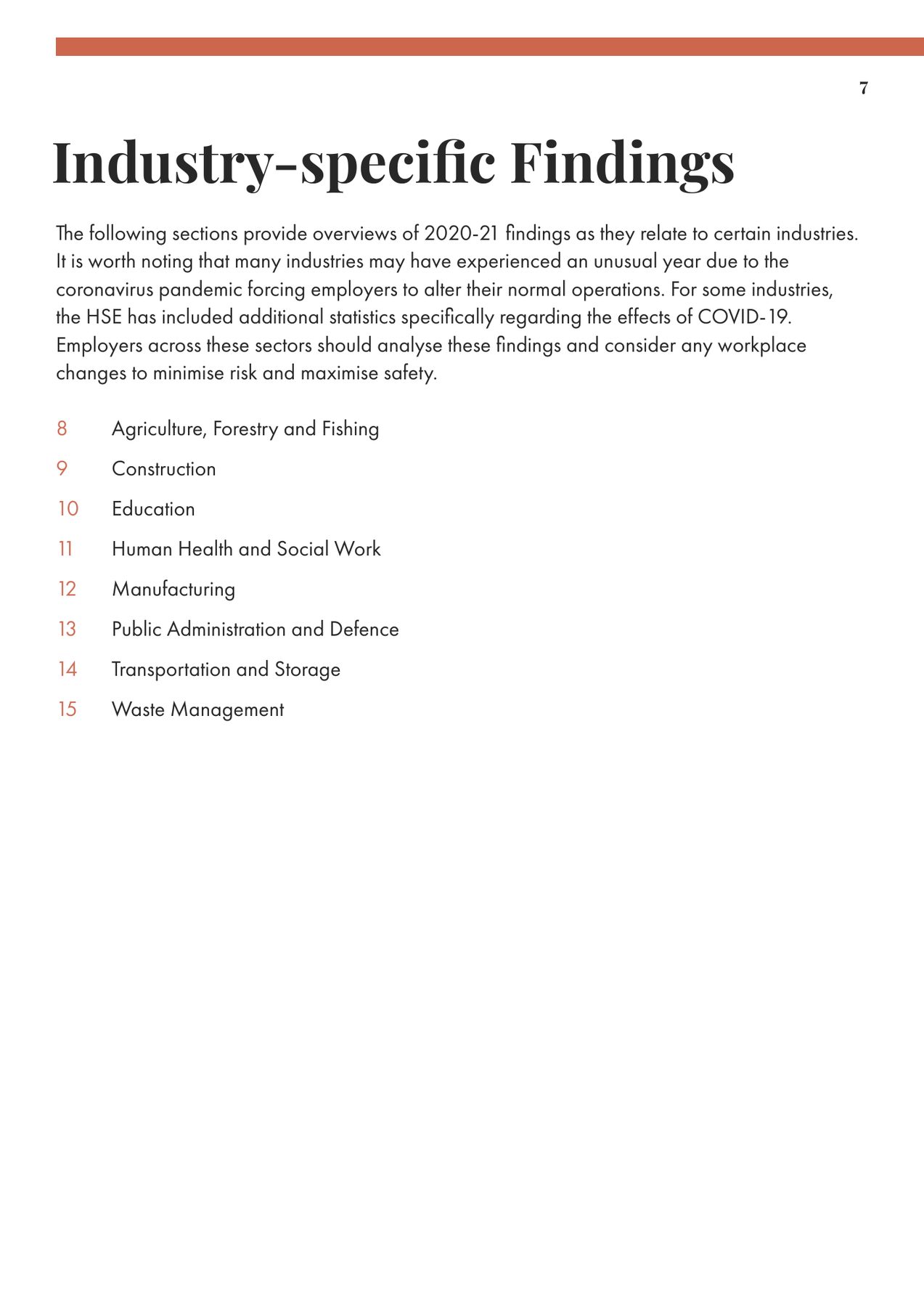 Page 7: Industry-specific findings: contents