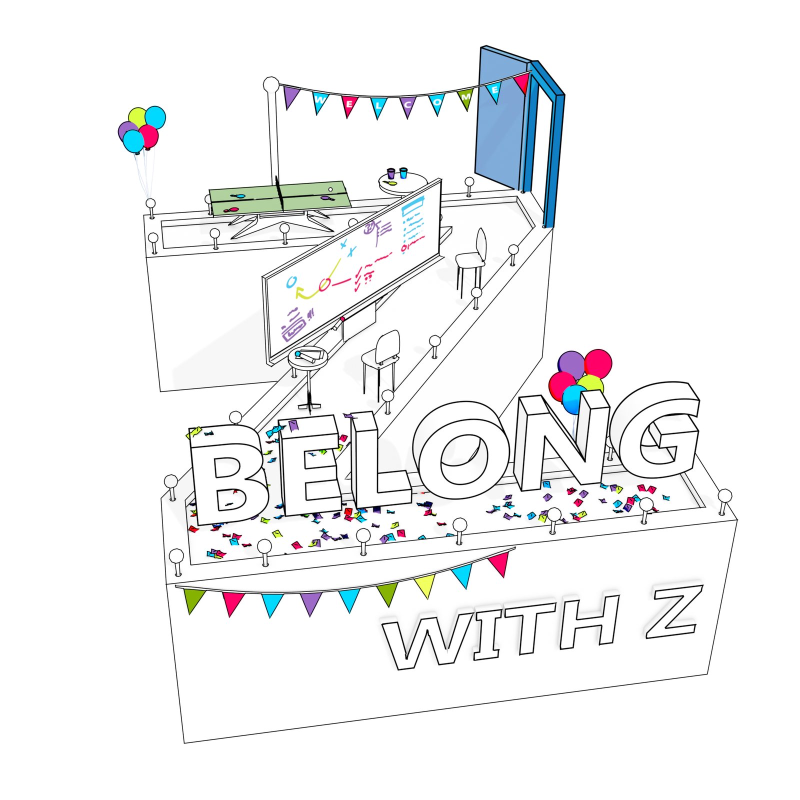 Belong with Z: a white Z-shaped platform set up as a welcome party, with bunting, balloons, confetti, a ping-pong table and a whiteboard