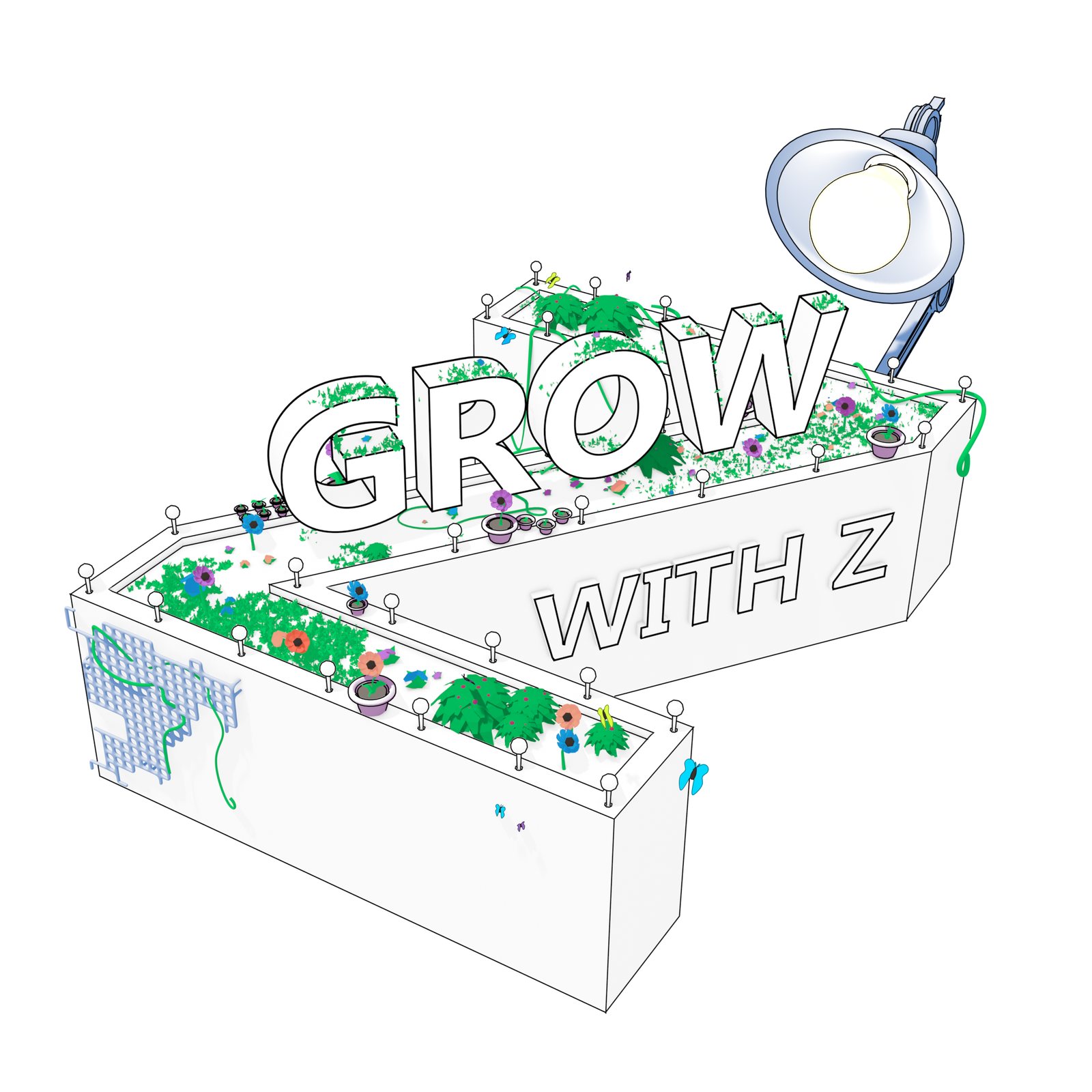 Grow with Z: a Z-shaped planter overflowing with plants and flowers under a desk lamp