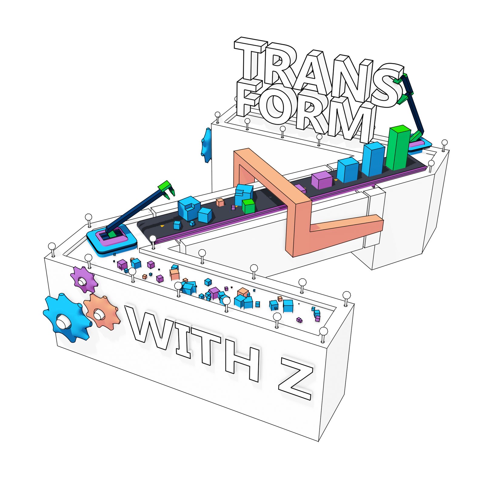 Transform with Z: a Z-shaped factory floor where robot arms move blocks along a conveyor into a rising bar chart