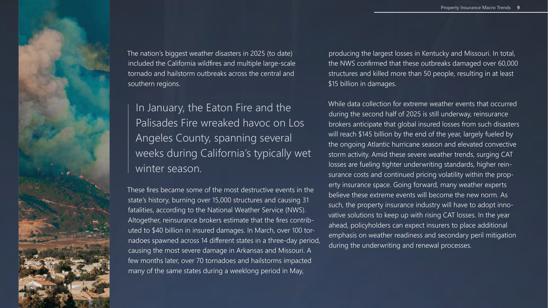Page 6: Property insurance macro trends, wildfire photograph