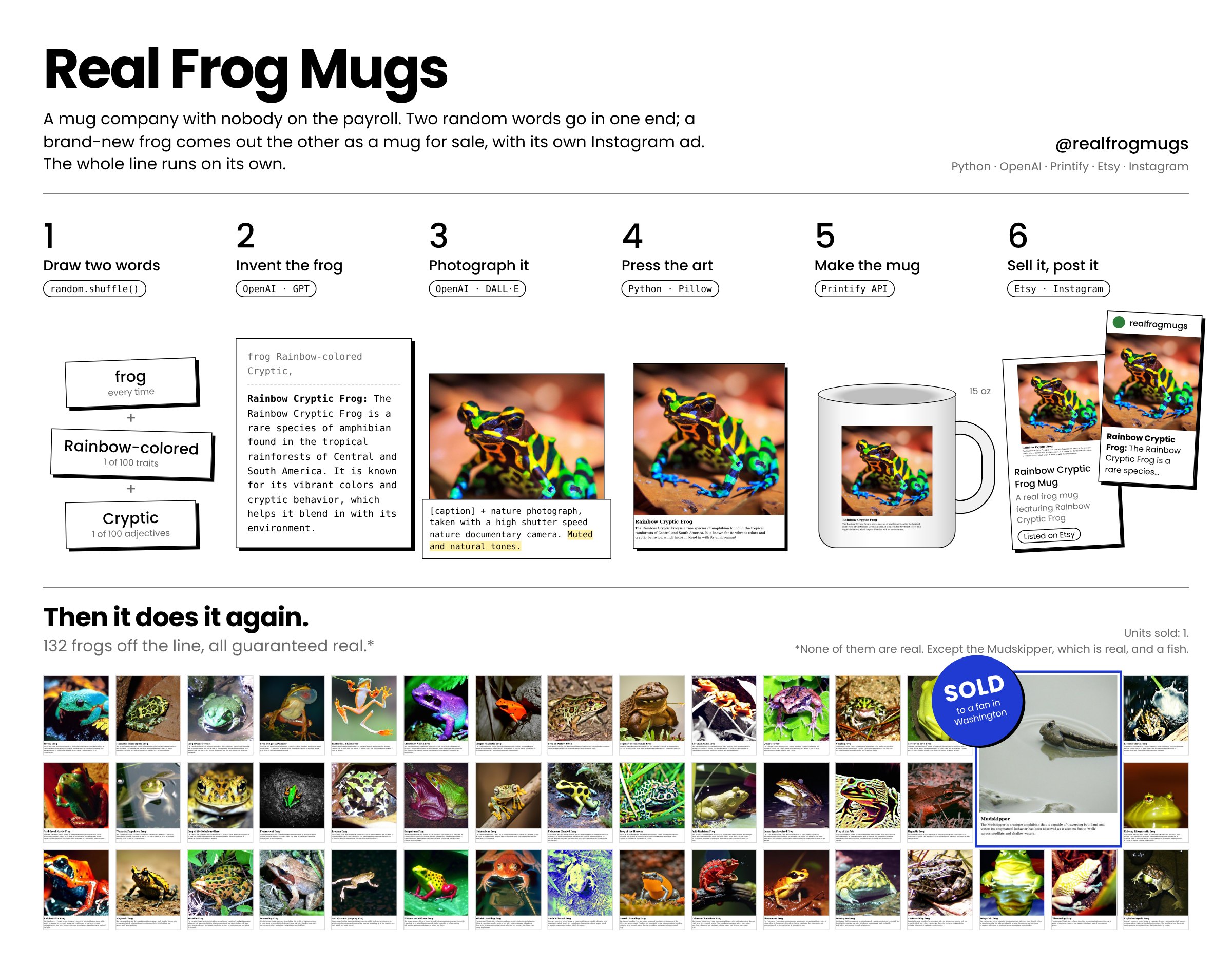 The Real Frog Mugs line: two random words become a GPT caption, a DALL·E frog photo, a product image, a mug, an Etsy listing and an Instagram post, above a wall of generated frog product images with the Mudskipper marked sold